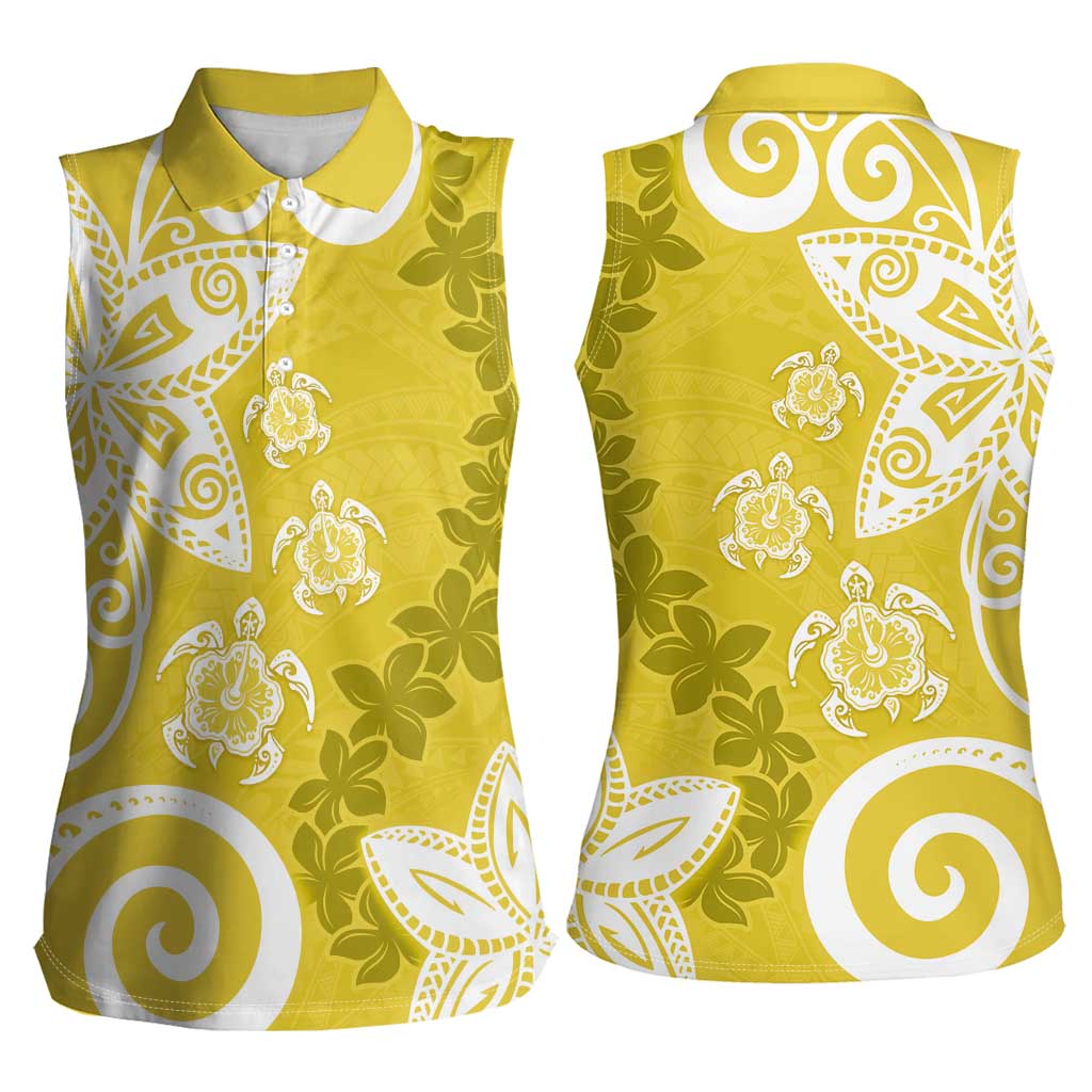Polynesia Women Sleeveless Polo Shirt Yellow Tribal Turtle Floral Pattern