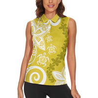 Polynesia Women Sleeveless Polo Shirt Yellow Tribal Turtle Floral Pattern