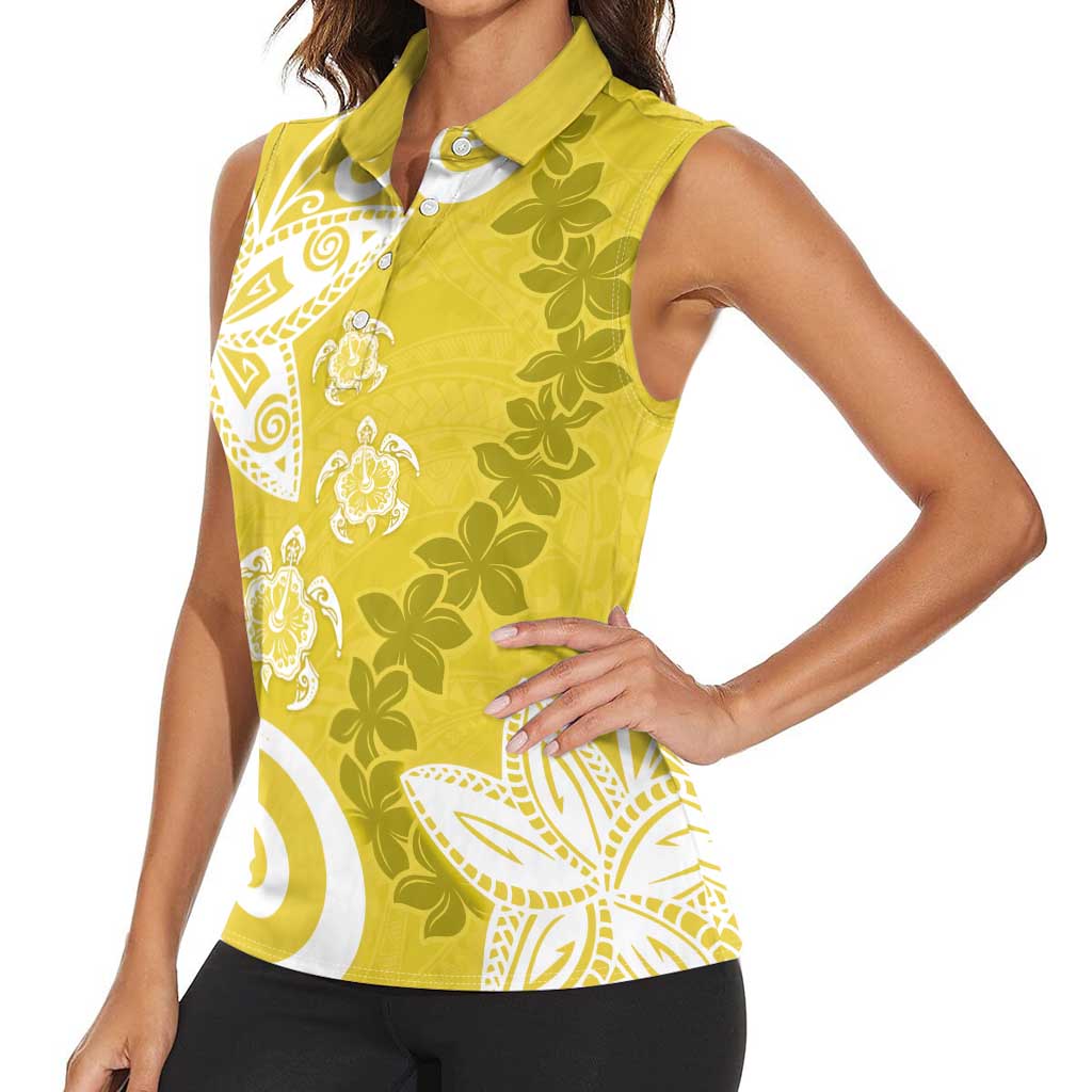 Polynesia Women Sleeveless Polo Shirt Yellow Tribal Turtle Floral Pattern
