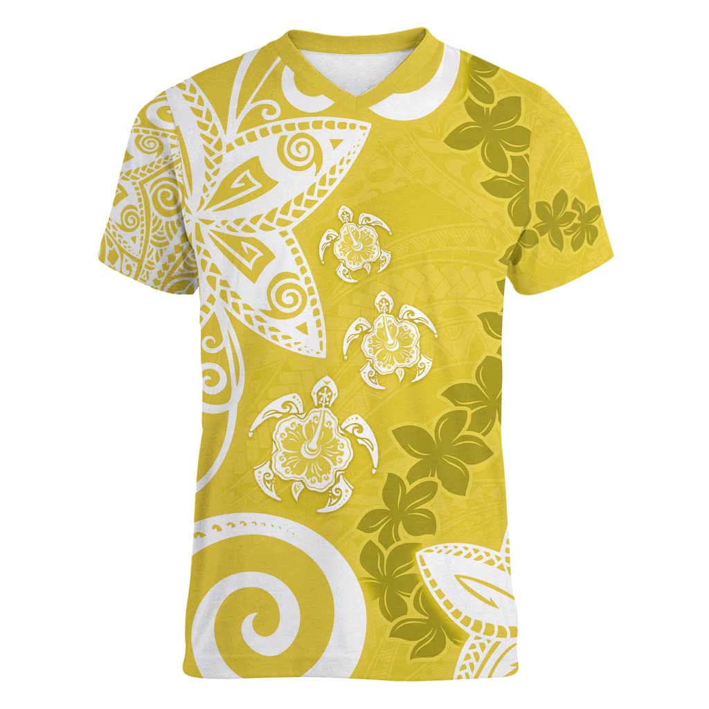 Polynesia Women V-Neck T-Shirt Yellow Tribal Turtle Floral Pattern LT05 Female Yellow - Polynesian Pride