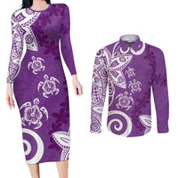 Polynesia Couples Matching Long Sleeve Bodycon Dress and Long Sleeve Button Shirt Purple Tribal Turtle Floral Pattern LT05 Purple - Polynesian Pride