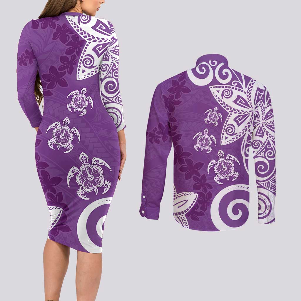 Polynesia Couples Matching Long Sleeve Bodycon Dress and Long Sleeve Button Shirt Purple Tribal Turtle Floral Pattern LT05 - Polynesian Pride