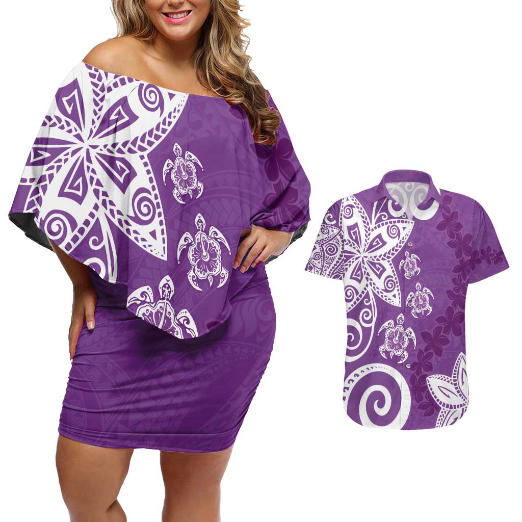 Polynesia Couples Matching Off Shoulder Short Dress and Hawaiian Shirt Purple Tribal Turtle Floral Pattern LT05 Purple - Polynesian Pride