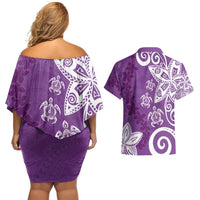 Polynesia Couples Matching Off Shoulder Short Dress and Hawaiian Shirt Purple Tribal Turtle Floral Pattern LT05 - Polynesian Pride