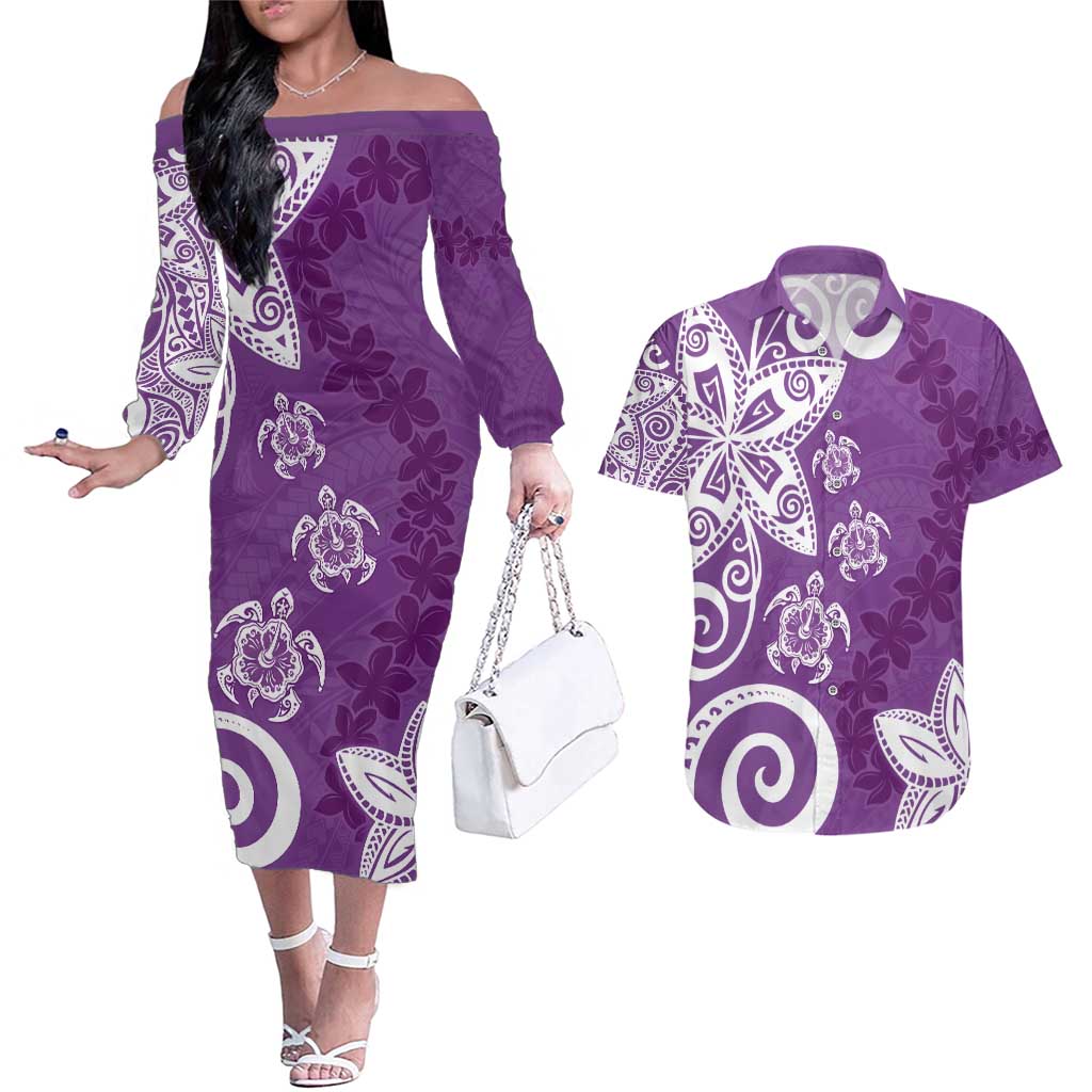Polynesia Couples Matching Off The Shoulder Long Sleeve Dress and Hawaiian Shirt Purple Tribal Turtle Floral Pattern LT05 Purple - Polynesian Pride