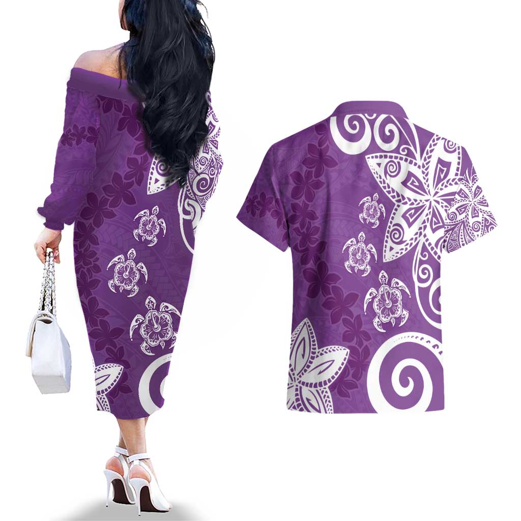 Polynesia Couples Matching Off The Shoulder Long Sleeve Dress and Hawaiian Shirt Purple Tribal Turtle Floral Pattern LT05 - Polynesian Pride