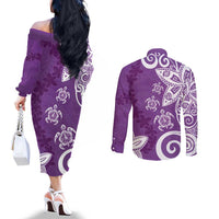 Polynesia Couples Matching Off The Shoulder Long Sleeve Dress and Long Sleeve Button Shirt Purple Tribal Turtle Floral Pattern LT05 - Polynesian Pride