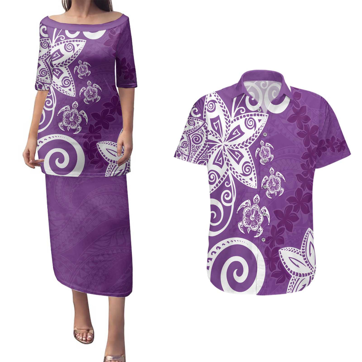 Polynesia Couples Matching Puletasi and Hawaiian Shirt Purple Tribal Turtle Floral Pattern LT05 Purple - Polynesian Pride