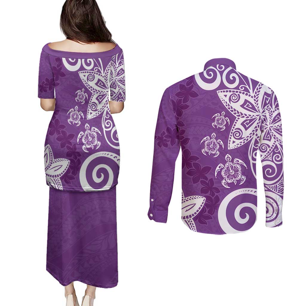 Polynesia Couples Matching Puletasi and Long Sleeve Button Shirt Purple Tribal Turtle Floral Pattern LT05 - Polynesian Pride