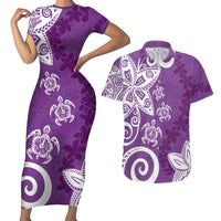 Polynesia Couples Matching Short Sleeve Bodycon Dress and Hawaiian Shirt Purple Tribal Turtle Floral Pattern LT05 Purple - Polynesian Pride