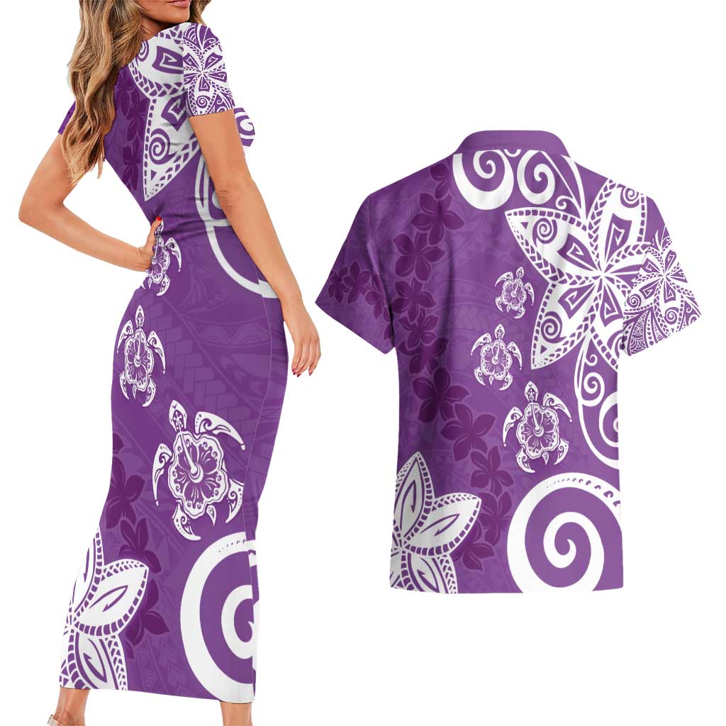 Polynesia Couples Matching Short Sleeve Bodycon Dress and Hawaiian Shirt Purple Tribal Turtle Floral Pattern LT05 - Polynesian Pride