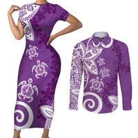 Polynesia Couples Matching Short Sleeve Bodycon Dress and Long Sleeve Button Shirt Purple Tribal Turtle Floral Pattern LT05 Purple - Polynesian Pride