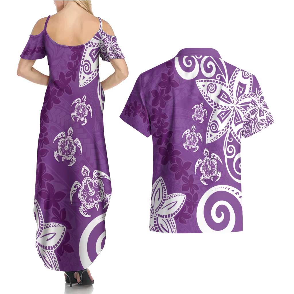 Polynesia Couples Matching Summer Maxi Dress and Hawaiian Shirt Purple Tribal Turtle Floral Pattern LT05 - Polynesian Pride