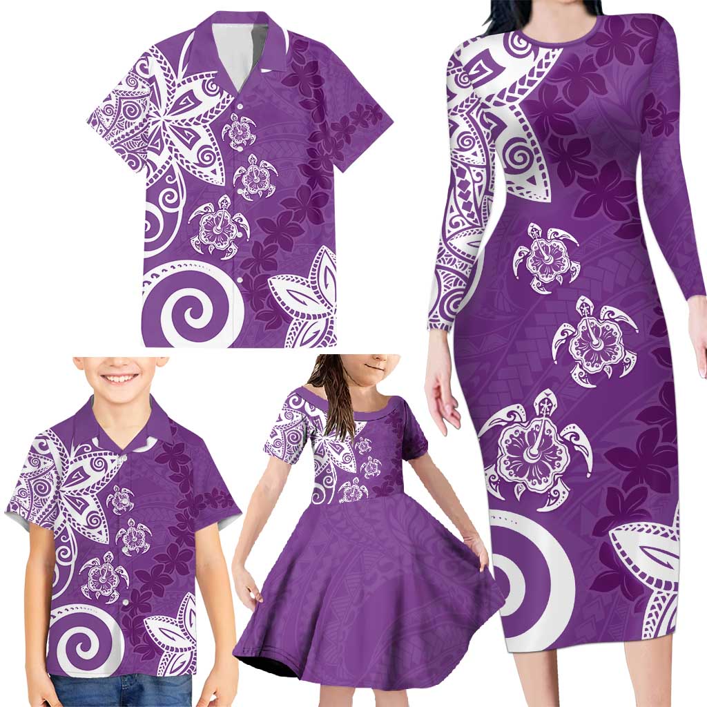 Polynesia Family Matching Long Sleeve Bodycon Dress and Hawaiian Shirt Purple Tribal Turtle Floral Pattern