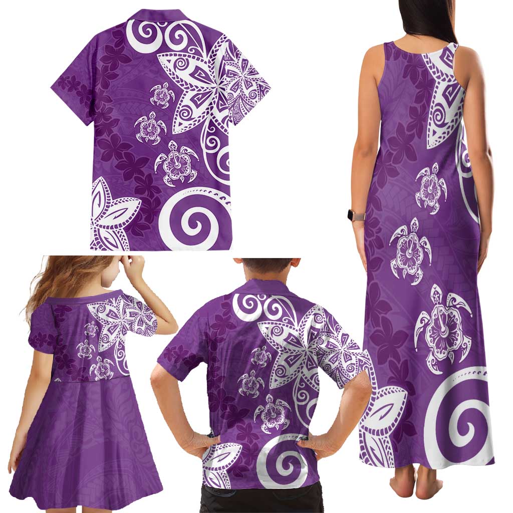 Polynesia Family Matching Tank Maxi Dress and Hawaiian Shirt Purple Tribal Turtle Floral Pattern