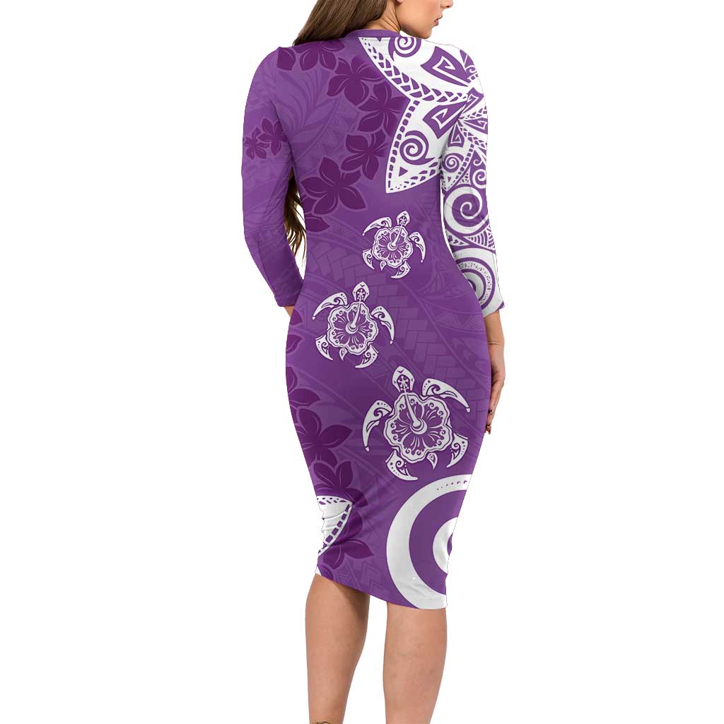 Polynesia Long Sleeve Bodycon Dress Purple Tribal Turtle Floral Pattern
