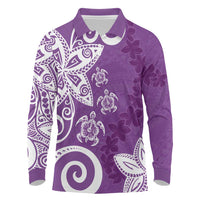 Polynesia Long Sleeve Polo Shirt Purple Tribal Turtle Floral Pattern