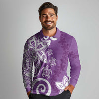 Polynesia Long Sleeve Polo Shirt Purple Tribal Turtle Floral Pattern