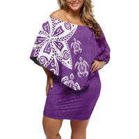 Polynesia Off Shoulder Short Dress Purple Tribal Turtle Floral Pattern LT05 Women Purple - Polynesian Pride