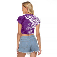 Polynesia Raglan Cropped T Shirt Purple Tribal Turtle Floral Pattern LT05 - Polynesian Pride