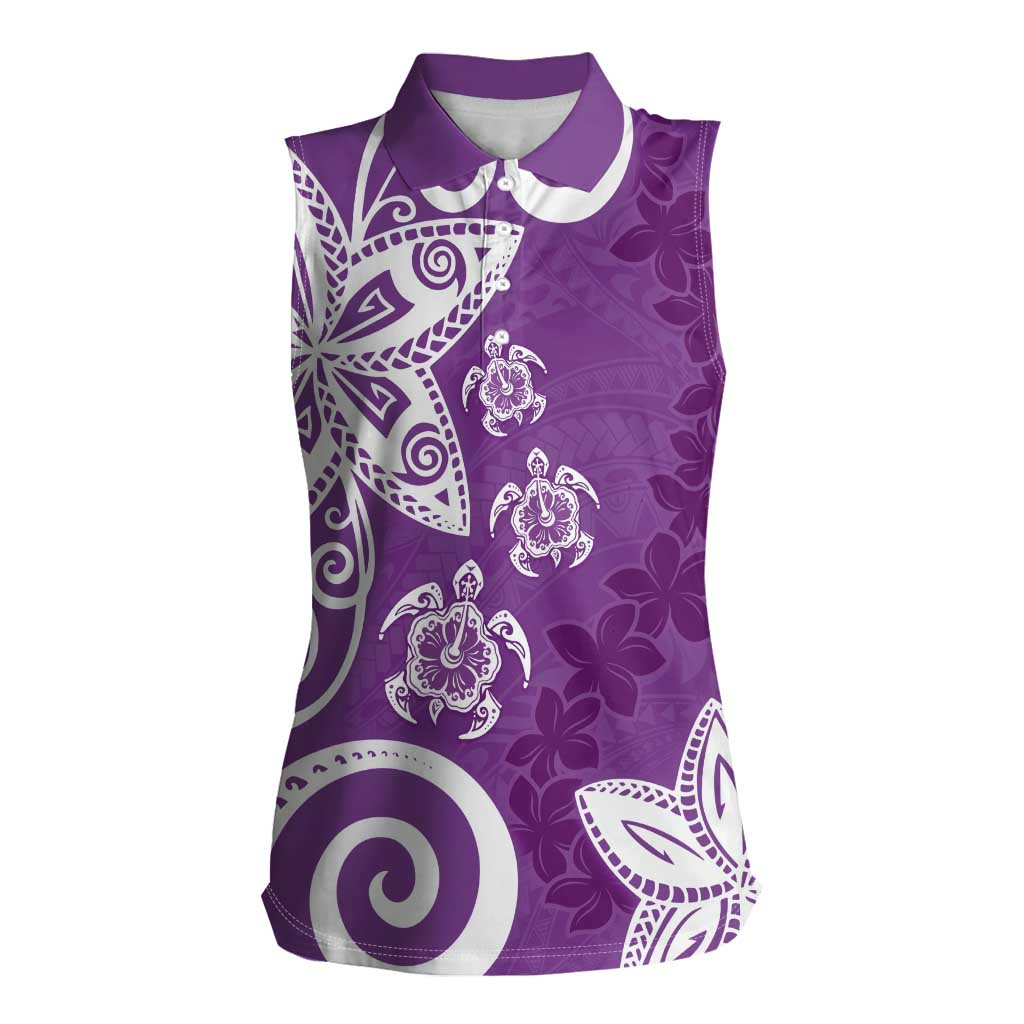 Polynesia Women Sleeveless Polo Shirt Purple Tribal Turtle Floral Pattern