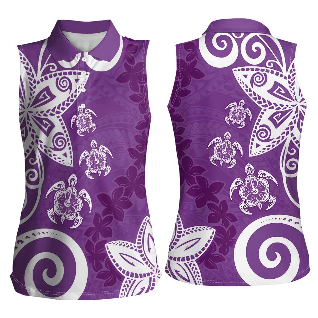 Polynesia Women Sleeveless Polo Shirt Purple Tribal Turtle Floral Pattern