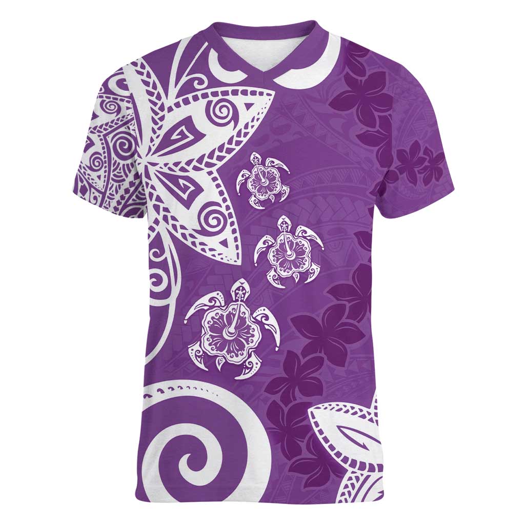 Polynesia Women V-Neck T-Shirt Purple Tribal Turtle Floral Pattern LT05 Female Purple - Polynesian Pride