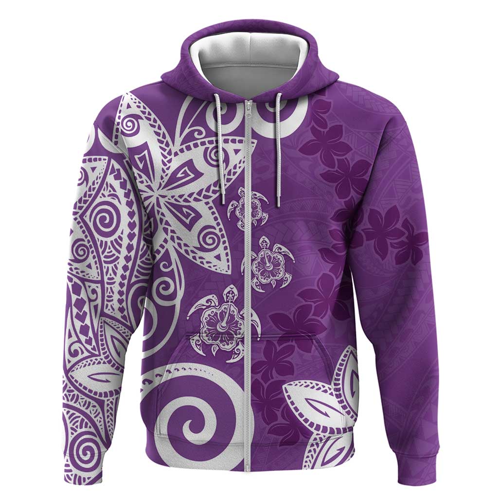 Polynesia Zip Hoodie Purple Tribal Turtle Floral Pattern