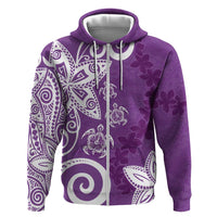 Polynesia Zip Hoodie Purple Tribal Turtle Floral Pattern