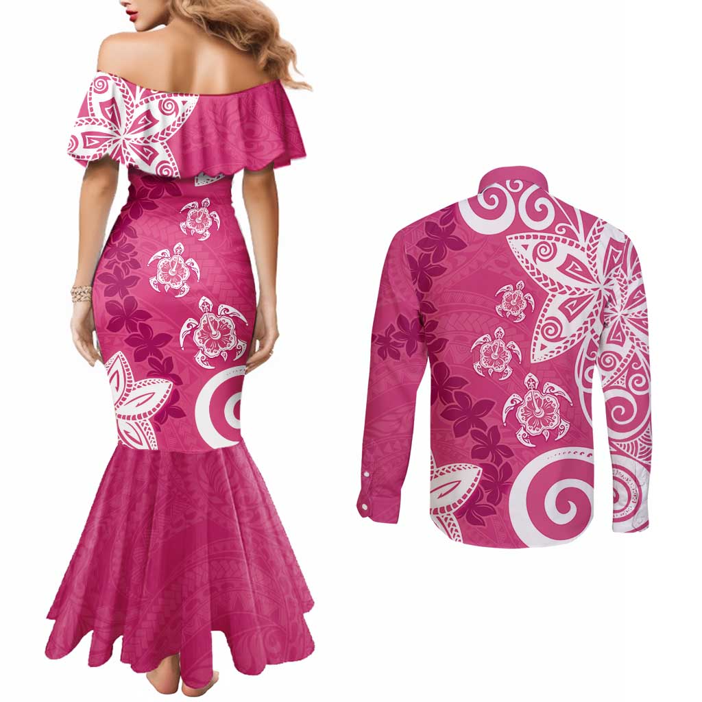 Polynesia Couples Matching Mermaid Dress and Long Sleeve Button Shirt Pink Tribal Turtle Floral Pattern LT05 - Polynesian Pride