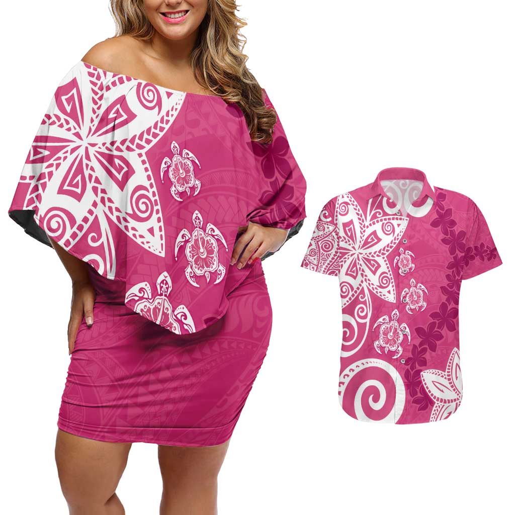Polynesia Couples Matching Off Shoulder Short Dress and Hawaiian Shirt Pink Tribal Turtle Floral Pattern LT05 Pink - Polynesian Pride