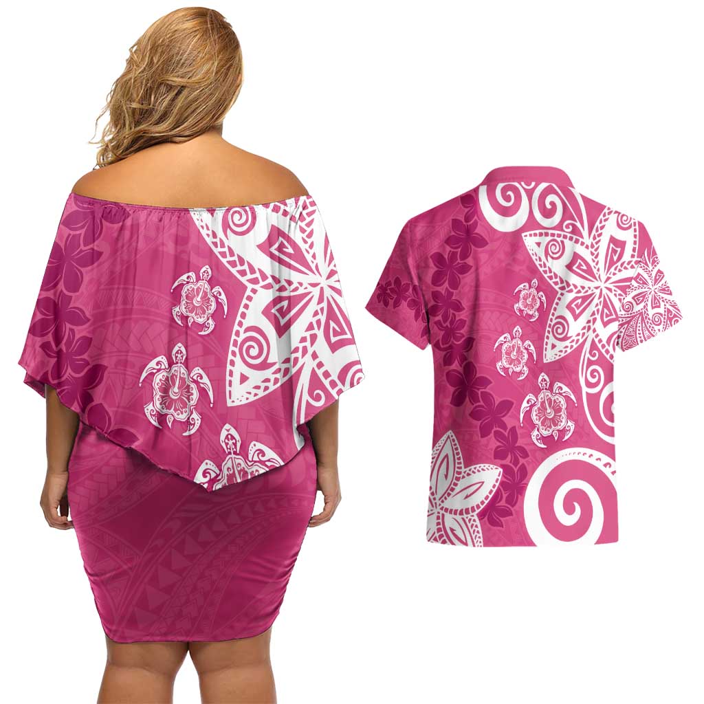 Polynesia Couples Matching Off Shoulder Short Dress and Hawaiian Shirt Pink Tribal Turtle Floral Pattern LT05 - Polynesian Pride