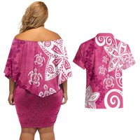 Polynesia Couples Matching Off Shoulder Short Dress and Hawaiian Shirt Pink Tribal Turtle Floral Pattern LT05 - Polynesian Pride
