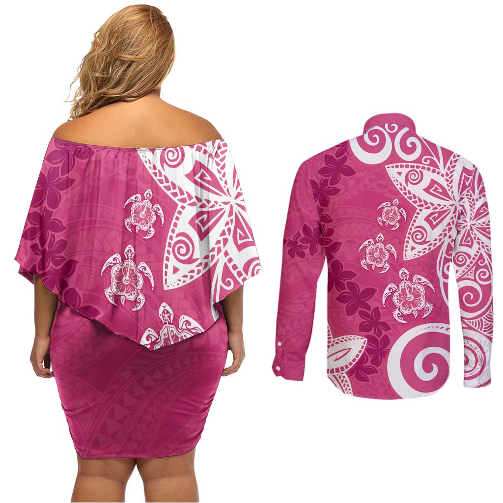 Polynesia Couples Matching Off Shoulder Short Dress and Long Sleeve Button Shirt Pink Tribal Turtle Floral Pattern LT05 - Polynesian Pride