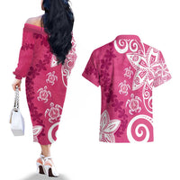 Polynesia Couples Matching Off The Shoulder Long Sleeve Dress and Hawaiian Shirt Pink Tribal Turtle Floral Pattern LT05 - Polynesian Pride