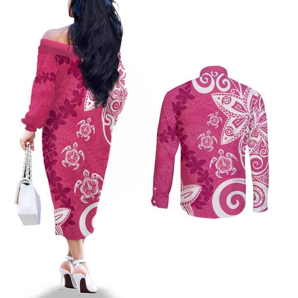 Polynesia Couples Matching Off The Shoulder Long Sleeve Dress and Long Sleeve Button Shirt Pink Tribal Turtle Floral Pattern LT05 - Polynesian Pride