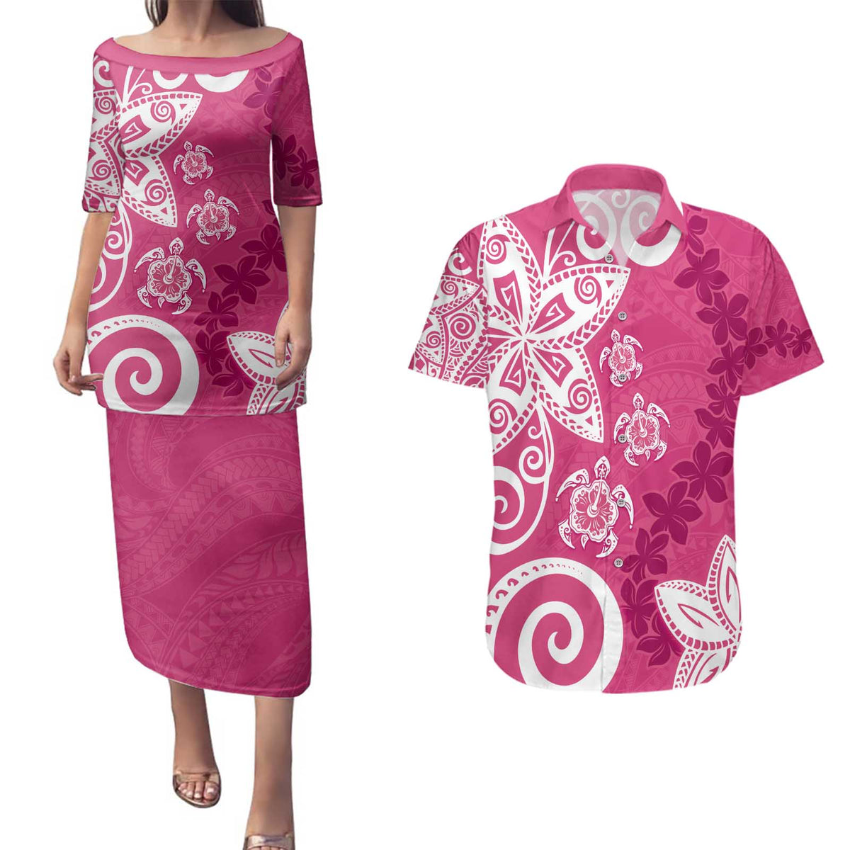 Polynesia Couples Matching Puletasi and Hawaiian Shirt Pink Tribal Turtle Floral Pattern LT05 Pink - Polynesian Pride