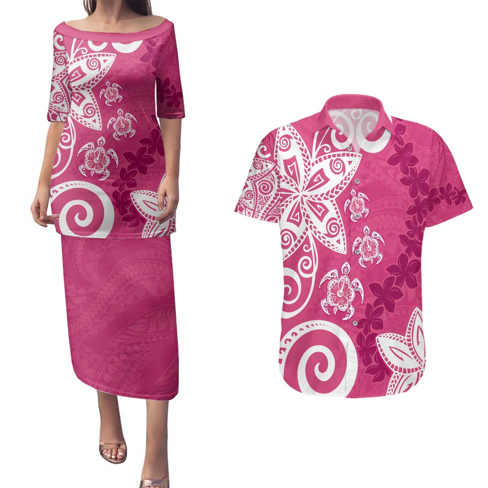 Polynesia Couples Matching Puletasi and Hawaiian Shirt Pink Tribal Turtle Floral Pattern LT05 Pink - Polynesian Pride