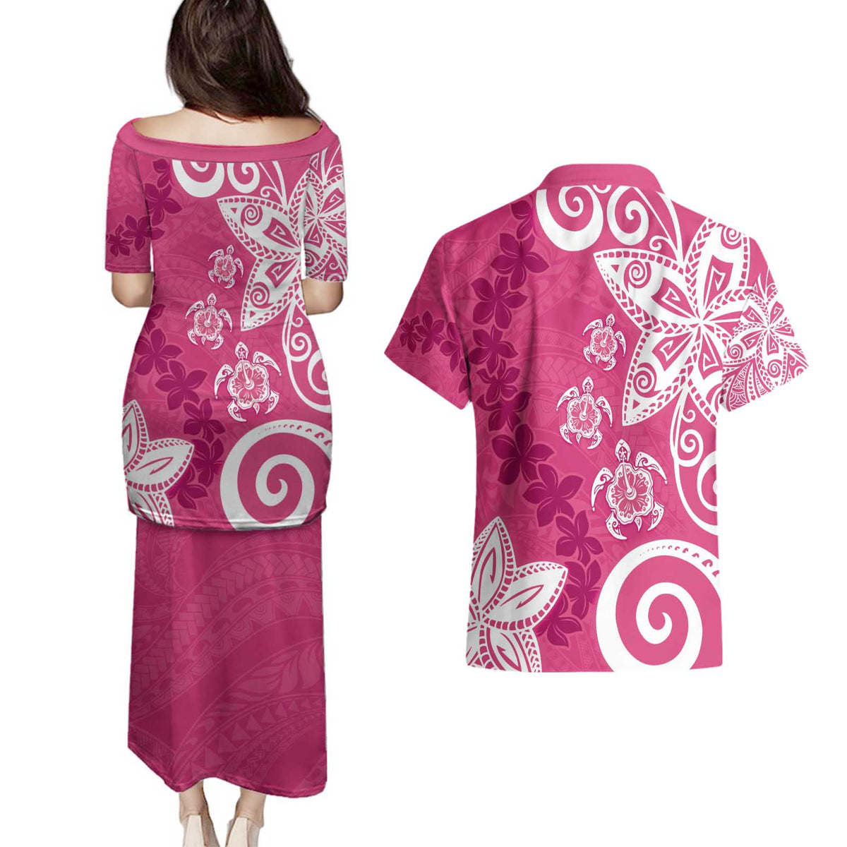 Polynesia Couples Matching Puletasi and Hawaiian Shirt Pink Tribal Turtle Floral Pattern LT05 - Polynesian Pride