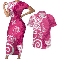 Polynesia Couples Matching Short Sleeve Bodycon Dress and Hawaiian Shirt Pink Tribal Turtle Floral Pattern LT05 Pink - Polynesian Pride