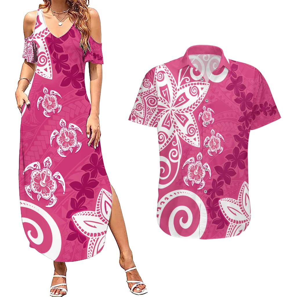 Polynesia Couples Matching Summer Maxi Dress and Hawaiian Shirt Pink Tribal Turtle Floral Pattern LT05 Pink - Polynesian Pride