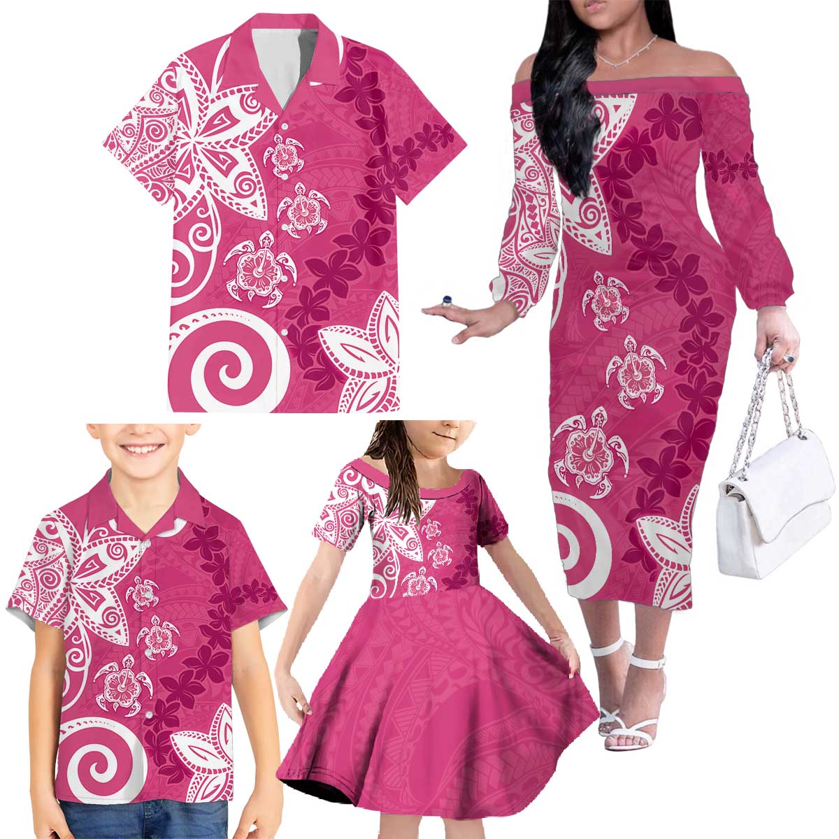 Polynesia Family Matching Off The Shoulder Long Sleeve Dress and Hawaiian Shirt Pink Tribal Turtle Floral Pattern