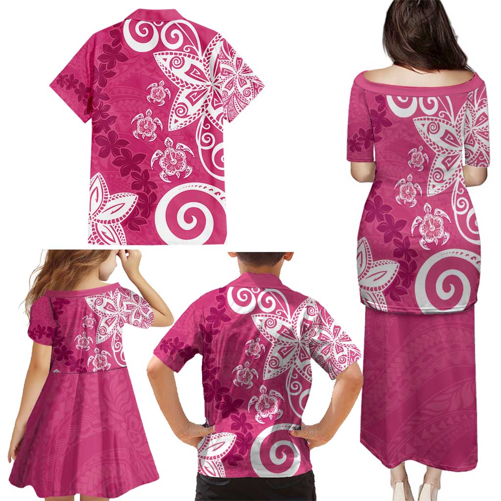 Polynesia Family Matching Puletasi and Hawaiian Shirt Pink Tribal Turtle Floral Pattern