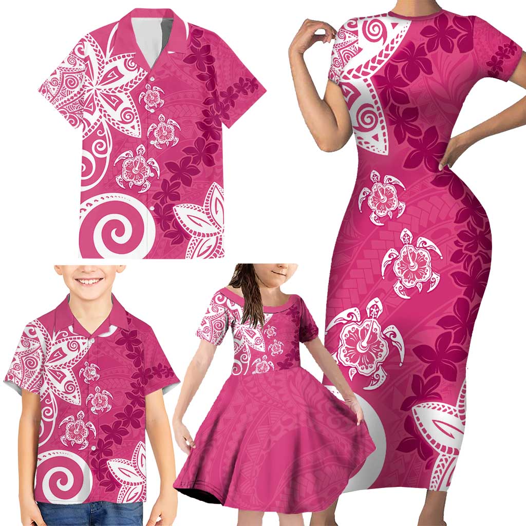 Polynesia Family Matching Short Sleeve Bodycon Dress and Hawaiian Shirt Pink Tribal Turtle Floral Pattern