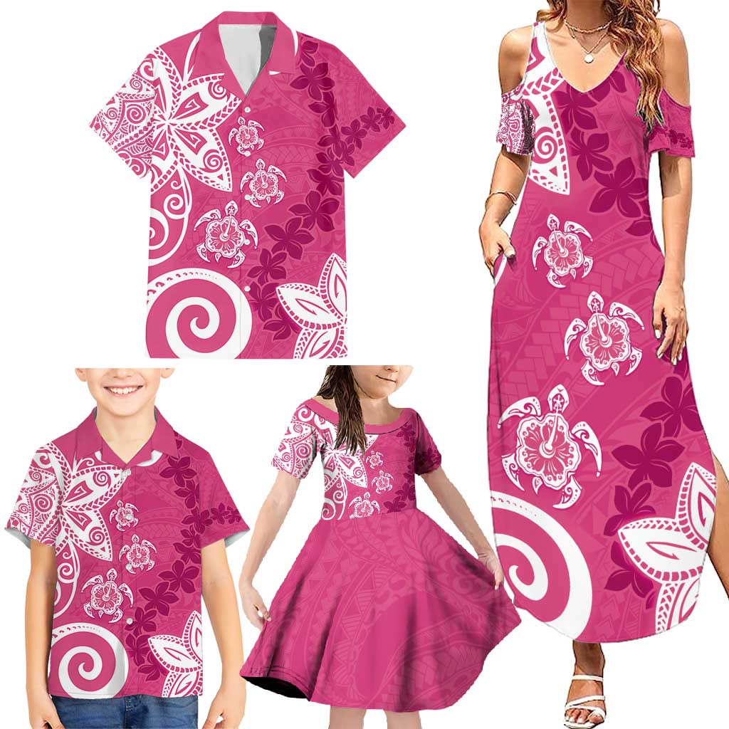 Polynesia Family Matching Summer Maxi Dress and Hawaiian Shirt Pink Tribal Turtle Floral Pattern