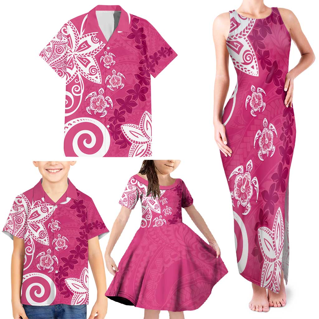 Polynesia Family Matching Tank Maxi Dress and Hawaiian Shirt Pink Tribal Turtle Floral Pattern