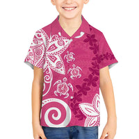 Polynesia Kid Hawaiian Shirt Pink Tribal Turtle Floral Pattern
