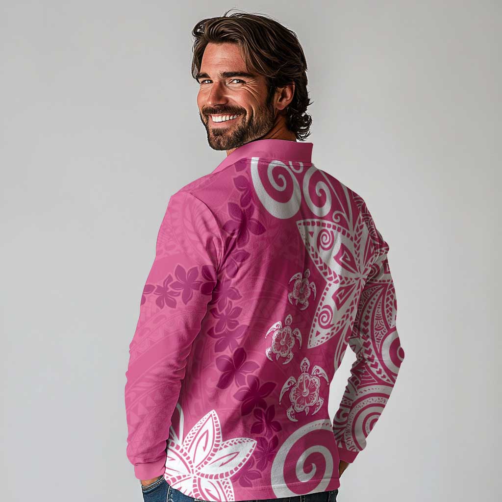 Polynesia Long Sleeve Polo Shirt Pink Tribal Turtle Floral Pattern