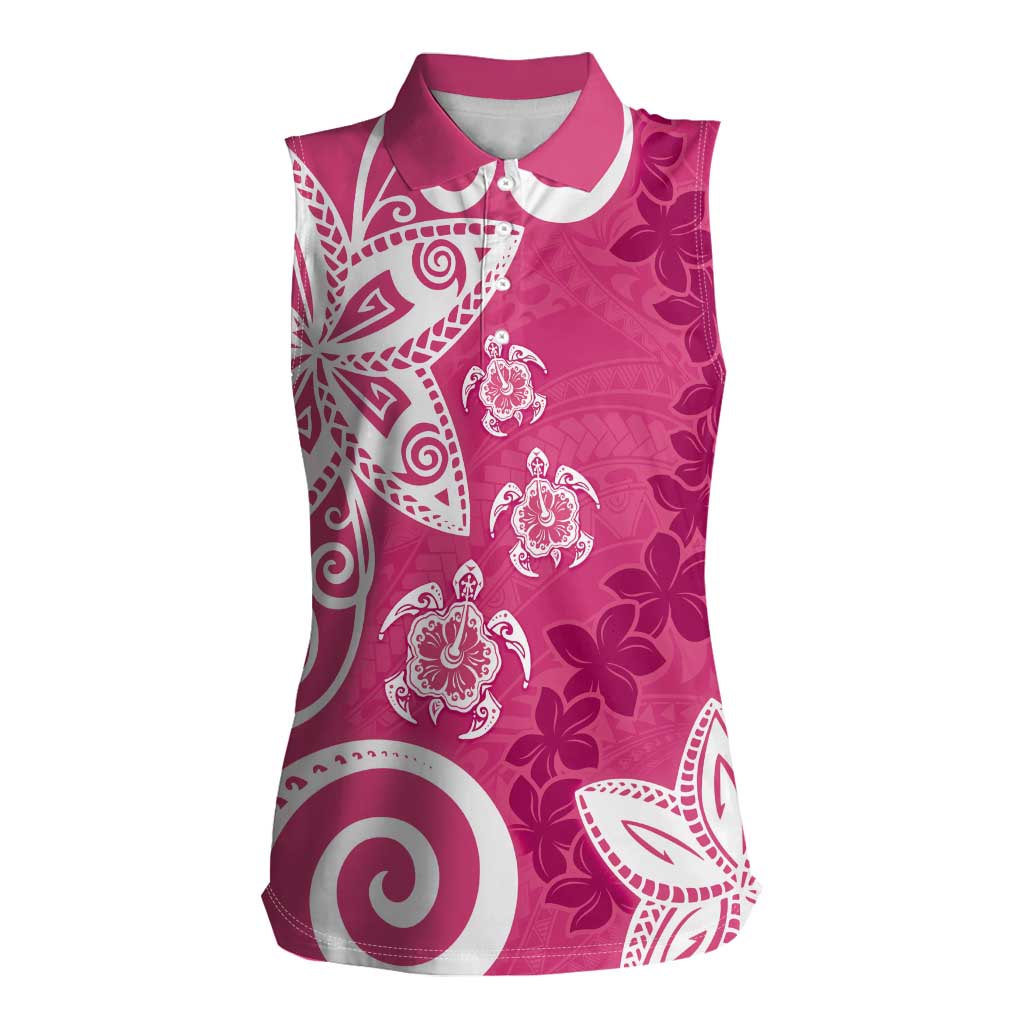 Polynesia Women Sleeveless Polo Shirt Pink Tribal Turtle Floral Pattern