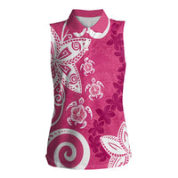 Polynesia Women Sleeveless Polo Shirt Pink Tribal Turtle Floral Pattern